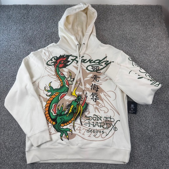 Ed Hardy Other - Ed Hardy Dragon Tattoo Hoodie Mens Large Ivory Graphic Pullover Streetwear NEW